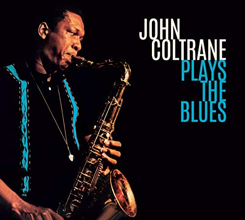 Album cover with John Coltrane playing saxophone, white and blue text on black background.