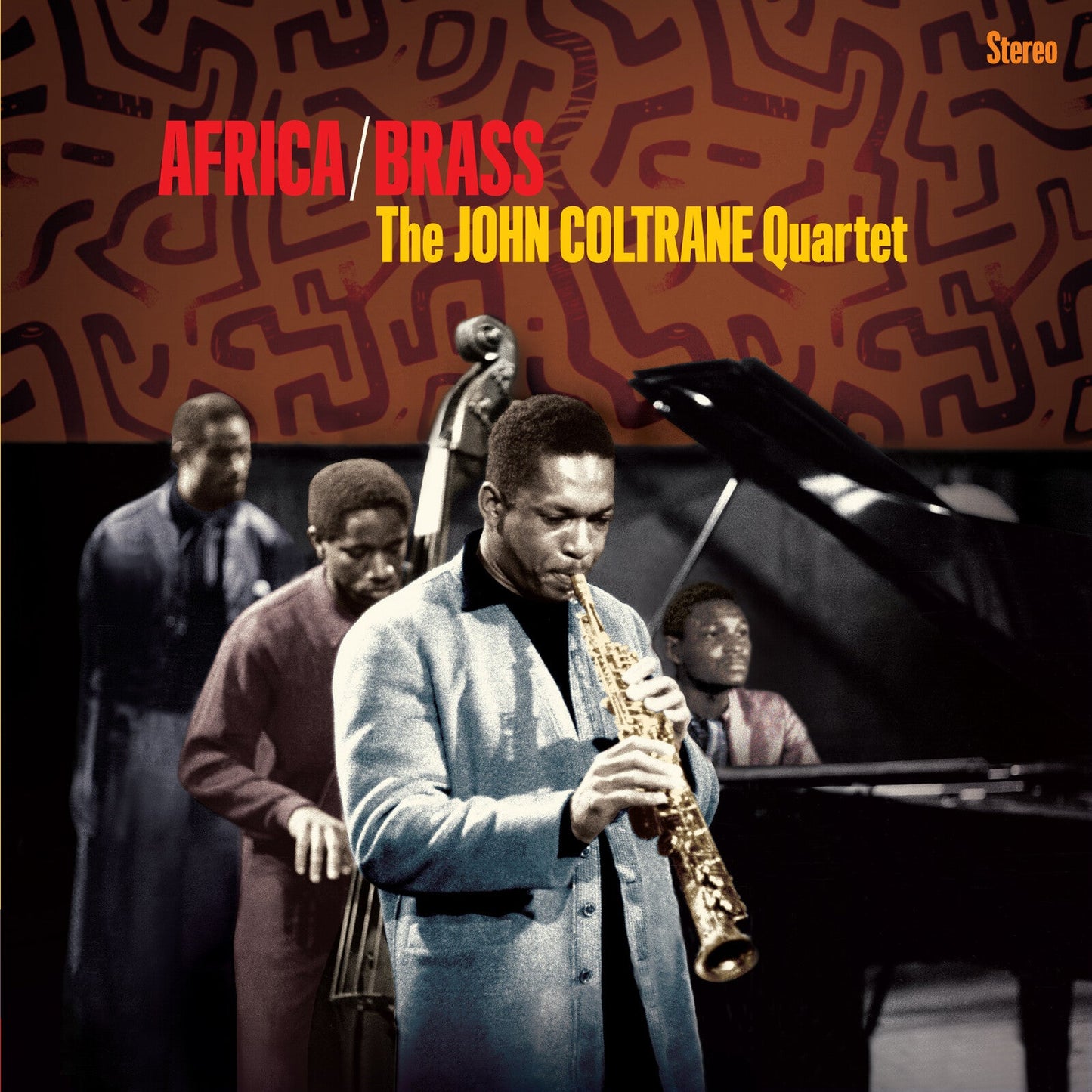 John Coltrane Quartet album cover featuring the band members playing instruments against patterned background.