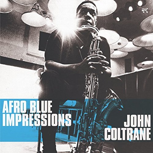 John Coltrane playing saxophone, album cover for "Afro Blue Impressions" vinyl.