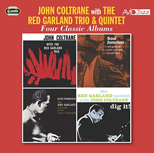 Album cover featuring four John Coltrane and Red Garland jazz album covers on red.