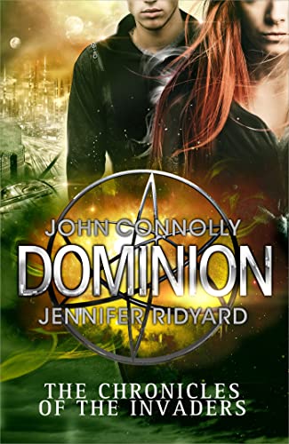 Book cover for "Dominion" featuring two figures and a futuristic cityscape.