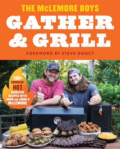 Book cover featuring two men behind a table full of grilled food and barbecue.