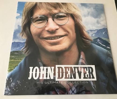John Denver portrait album cover, vinyl record, with mountain backdrop.