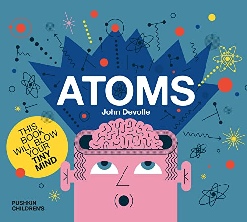 Book cover for "Atoms" with illustrated brain and atomic structures.