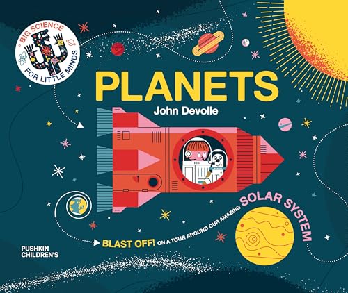 Book cover: "Planets" with a rocket, planets, and starry dark blue background.