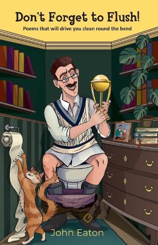 Book cover: man with toilet, cat, and award in a room.