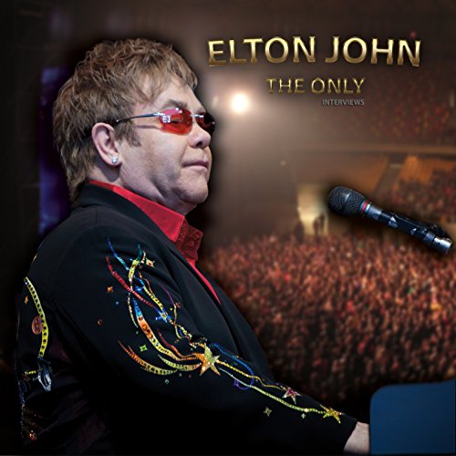 Elton John in sunglasses, facing right, with a microphone and crowd backdrop.