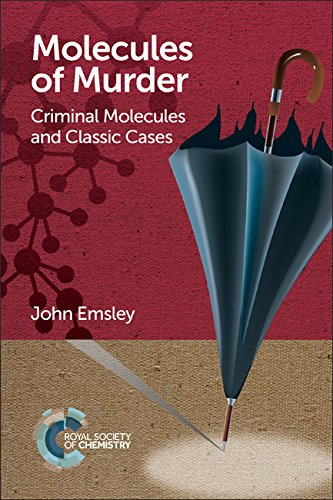 Book cover: "Molecules of Murder" with an umbrella and molecular diagram.