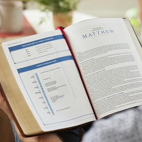 Open black leather Bible displaying text and study notes on the Gospel of Matthew.