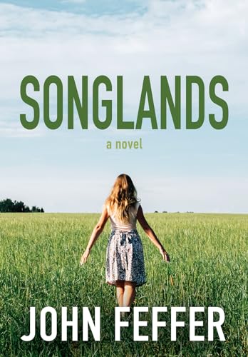 Book cover: woman walking in a green field, title "Songlands".