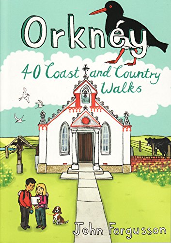 Book cover: "Orkney" with illustrated church, people, and birds.