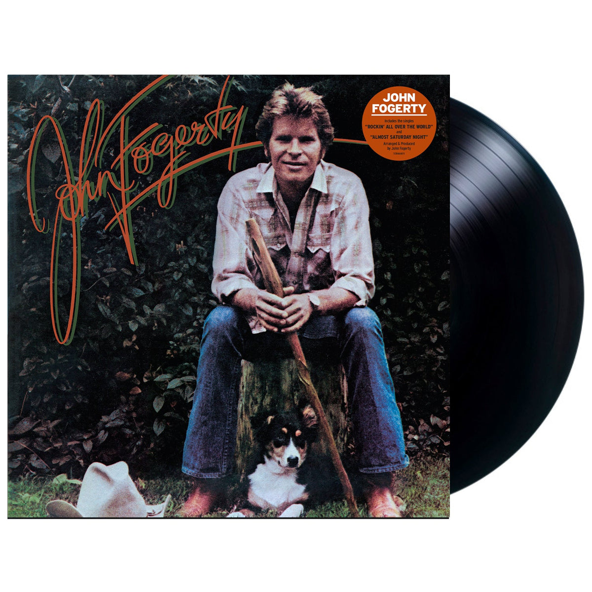 "John Fogerty vinyl record with cover art featuring the artist and his dog."