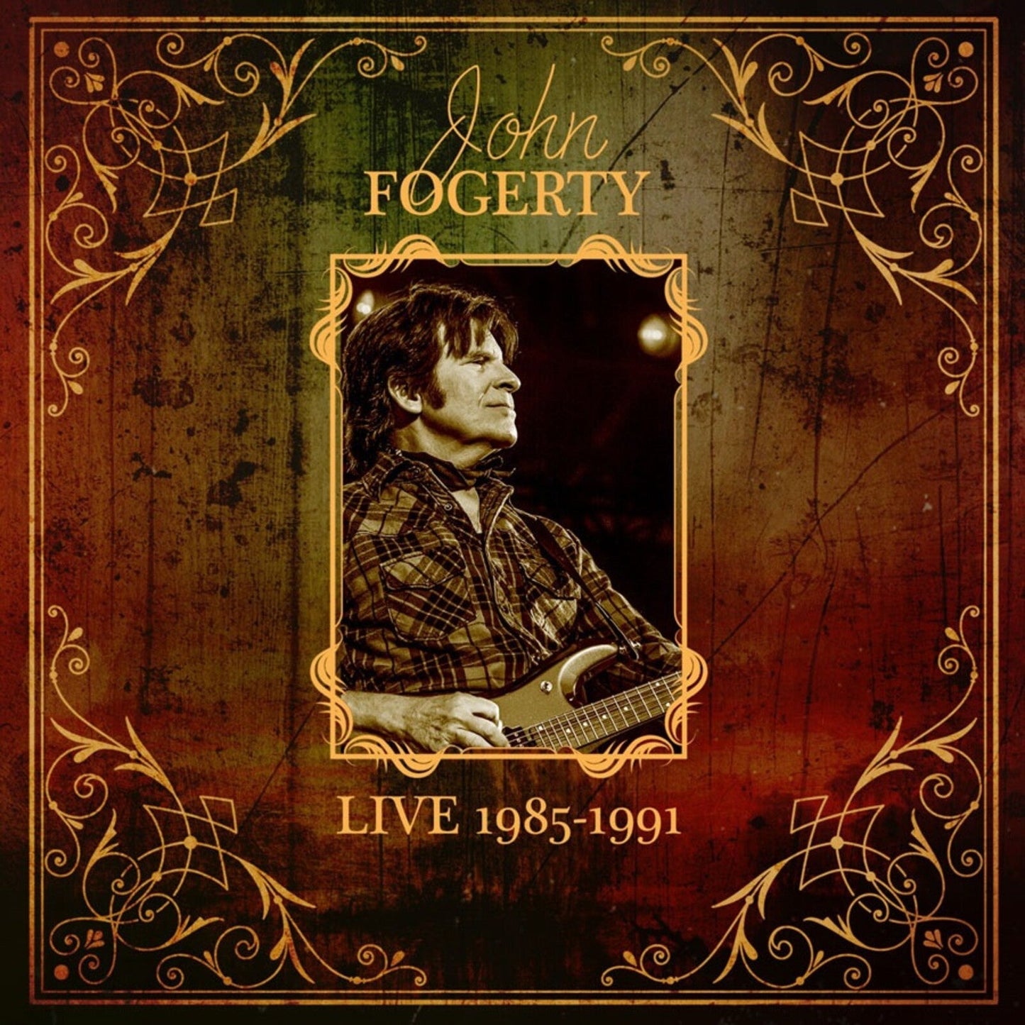 John Fogerty album cover, portrait of musician with guitar, ornate frame.
