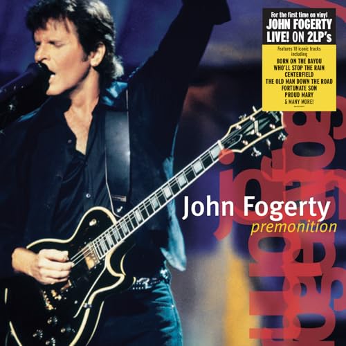 John Fogerty playing guitar on album cover for "Premonition" vinyl.