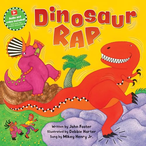 Colorful illustration of a red Tyrannosaurus Rex and purple Triceratops with children.