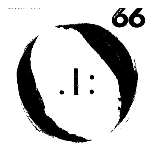 Black and white album cover featuring a brushstroke circle, text, and abstract symbols.