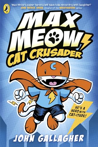 The book cover shows a cartoon cat superhero wearing a cape against a blue background.