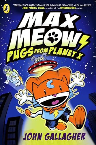 Book cover featuring a superhero cat flying above a city with a UFO overhead.