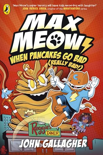 Max Meow superhero cat fights a giant pancake monster above a diner.