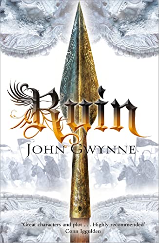 Book cover: “Ruin” by John Gwynne, featuring a spear and battle scene.