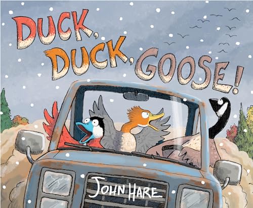 Ducks driving a blue pickup truck with snowy, forested background.