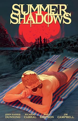 A person sunbathes on a striped towel before a large red sun and silhouettes.