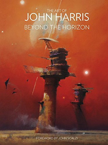 The image depicts a science fiction book cover with futuristic structures and a red-orange sky.