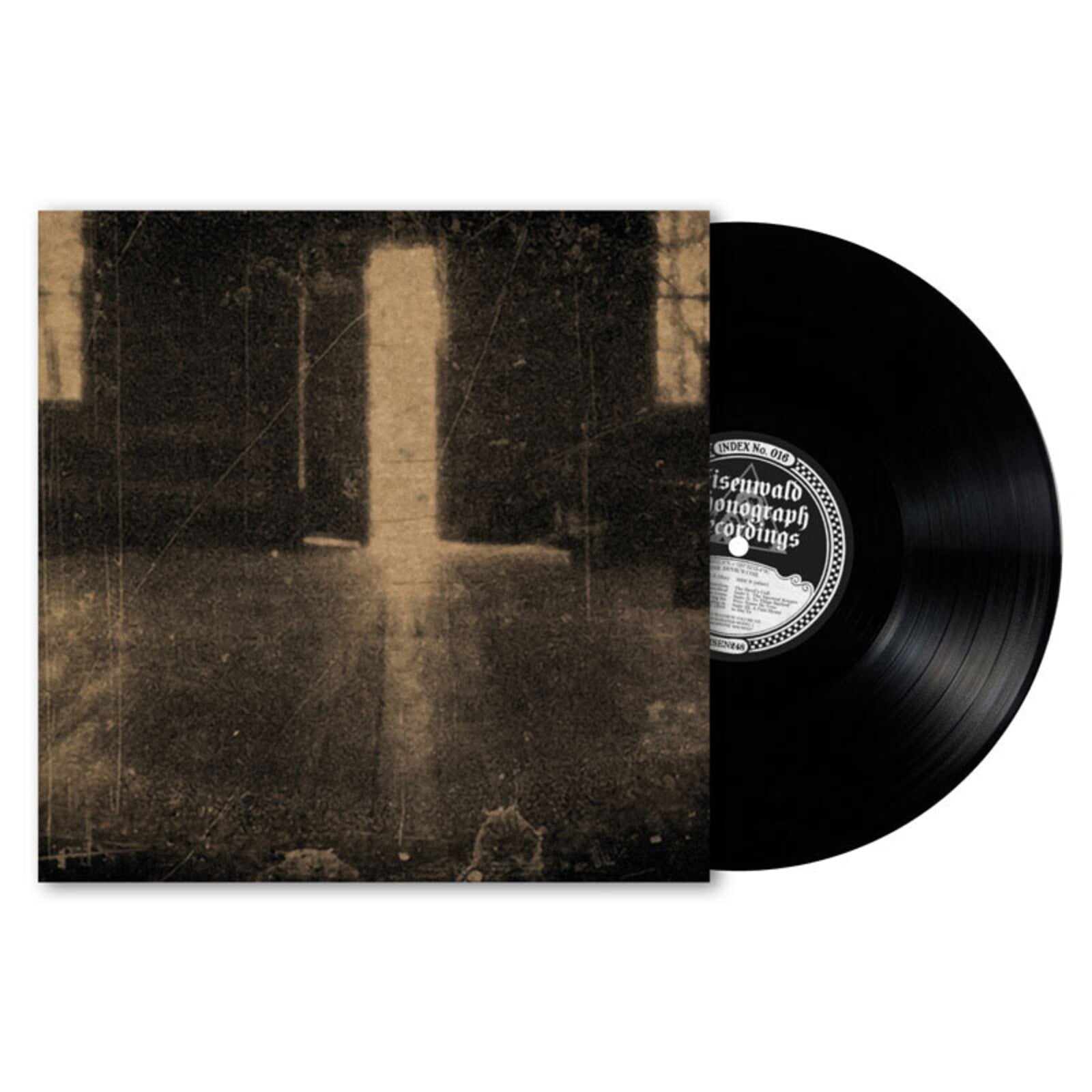 Vinyl record with sepia-toned album cover depicting a shadowy interior scene.