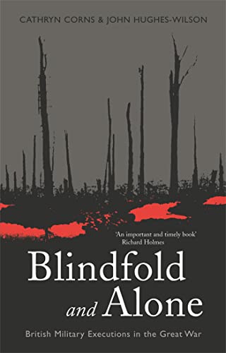 Book cover: dark trees, red smudge, and white title "Blindfold and Alone".