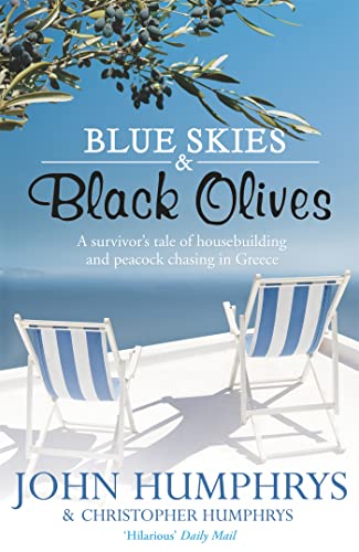 Book cover with olives, blue skies, deck chairs, and white buildings.