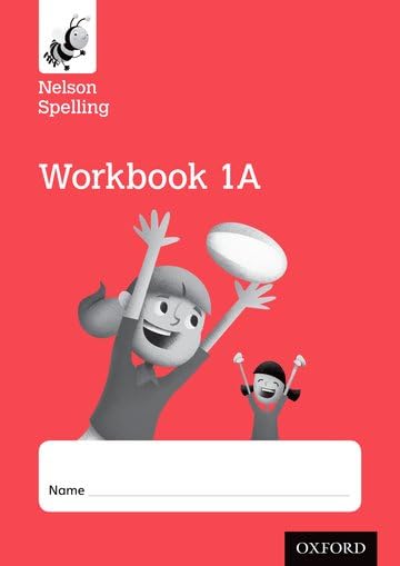 Red workbook cover with illustration of children and spelling text.