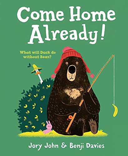 Book cover: bear with fishing rod, duck, and rabbit in green landscape.