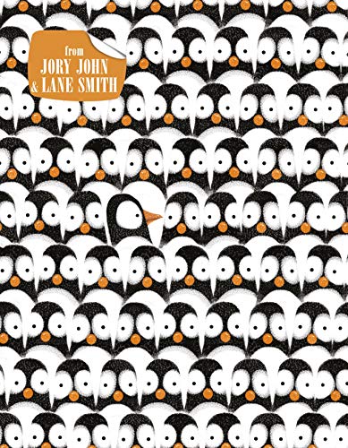 Black and white penguin pattern with one orange-beaked penguin.