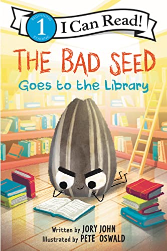 An illustrated book cover featuring an angry-looking seed reading in a library.