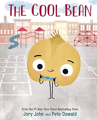 A cartoon bean wearing a blue bow tie stands on a playground hopscotch court.