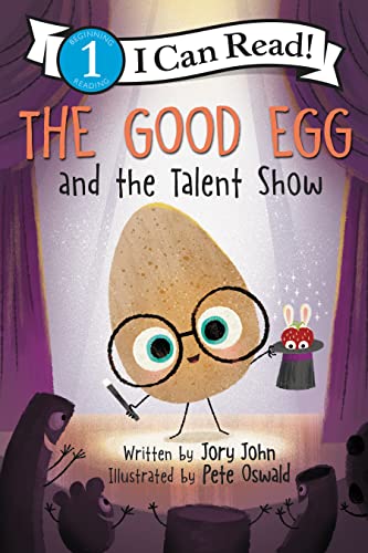 Book cover featuring an egg with glasses on a stage.
