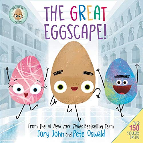 Three cartoon eggs with faces and limbs running through a grocery store aisle.