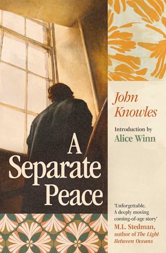 Book cover showing a person looking out a window with decorative floral patterns.