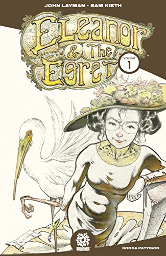 Comic book cover: woman with egret, ornate lettering, volume one.