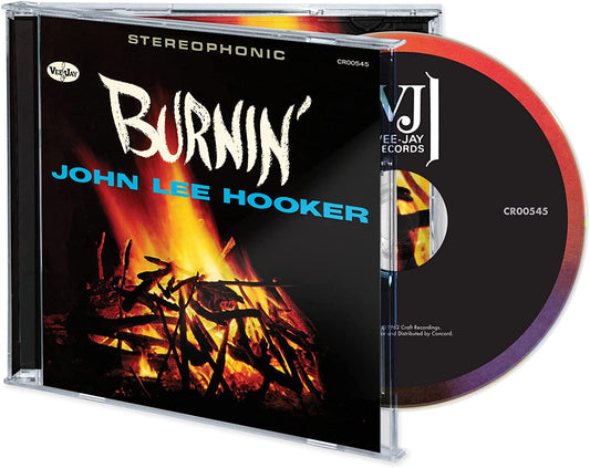 CD case with disc partially out, featuring "Burnin'" album cover with fire image.