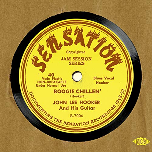 Yellow vinyl record label for John Lee Hooker’s “Boogie Chillen’”.