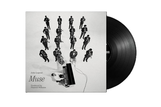 Black and white album cover with musicians around a piano, vinyl record.