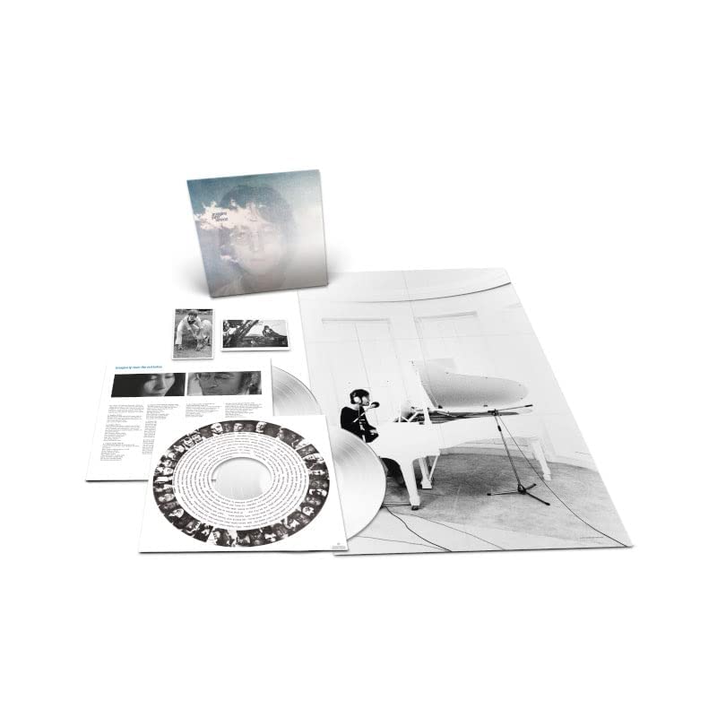 John Lennon’s “Imagine” vinyl record, insert, and black and white photo print.