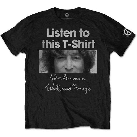 Black t-shirt with a graphic of John Lennon and the text "Listen Lady".