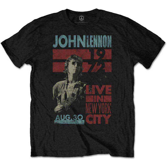 Black t-shirt featuring John Lennon performing live in New York City.