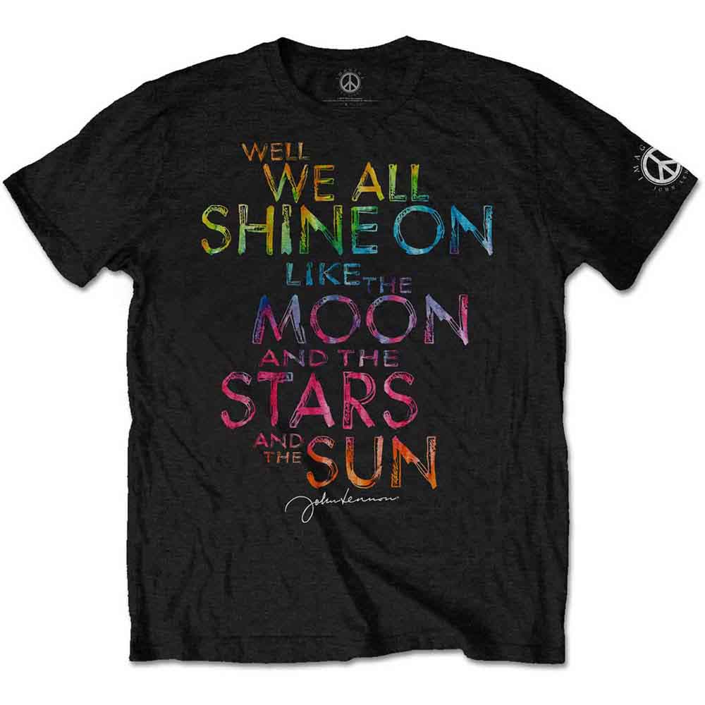 Black t-shirt with colorful text reading “Shine On” and John Lennon’s signature.