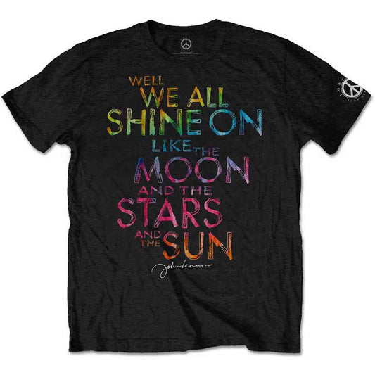 Black t-shirt with colorful text reading “Shine On” and John Lennon’s signature.