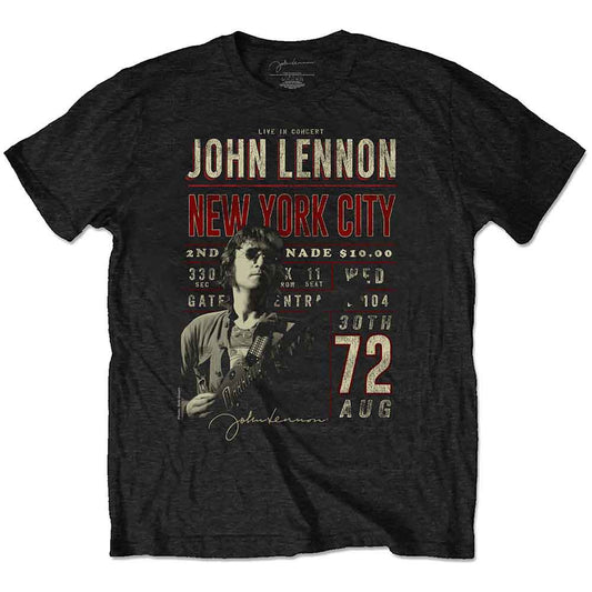 Black t-shirt with a John Lennon NYC 72 logo and portrait.