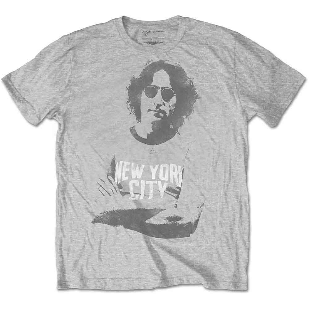 Man wearing a grey t-shirt with a portrait of John Lennon.
