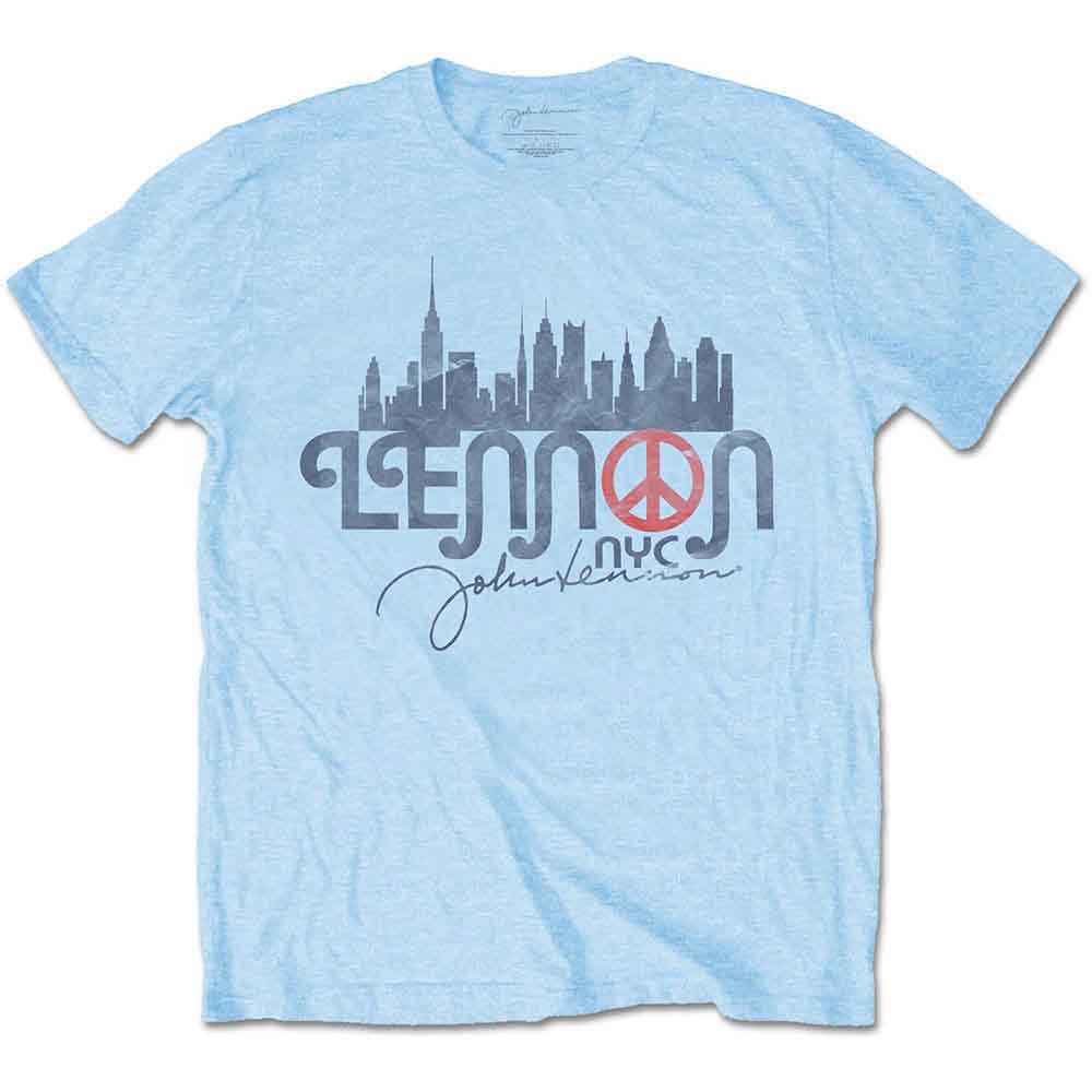 Light blue t-shirt with John Lennon logo and NYC skyline graphic.